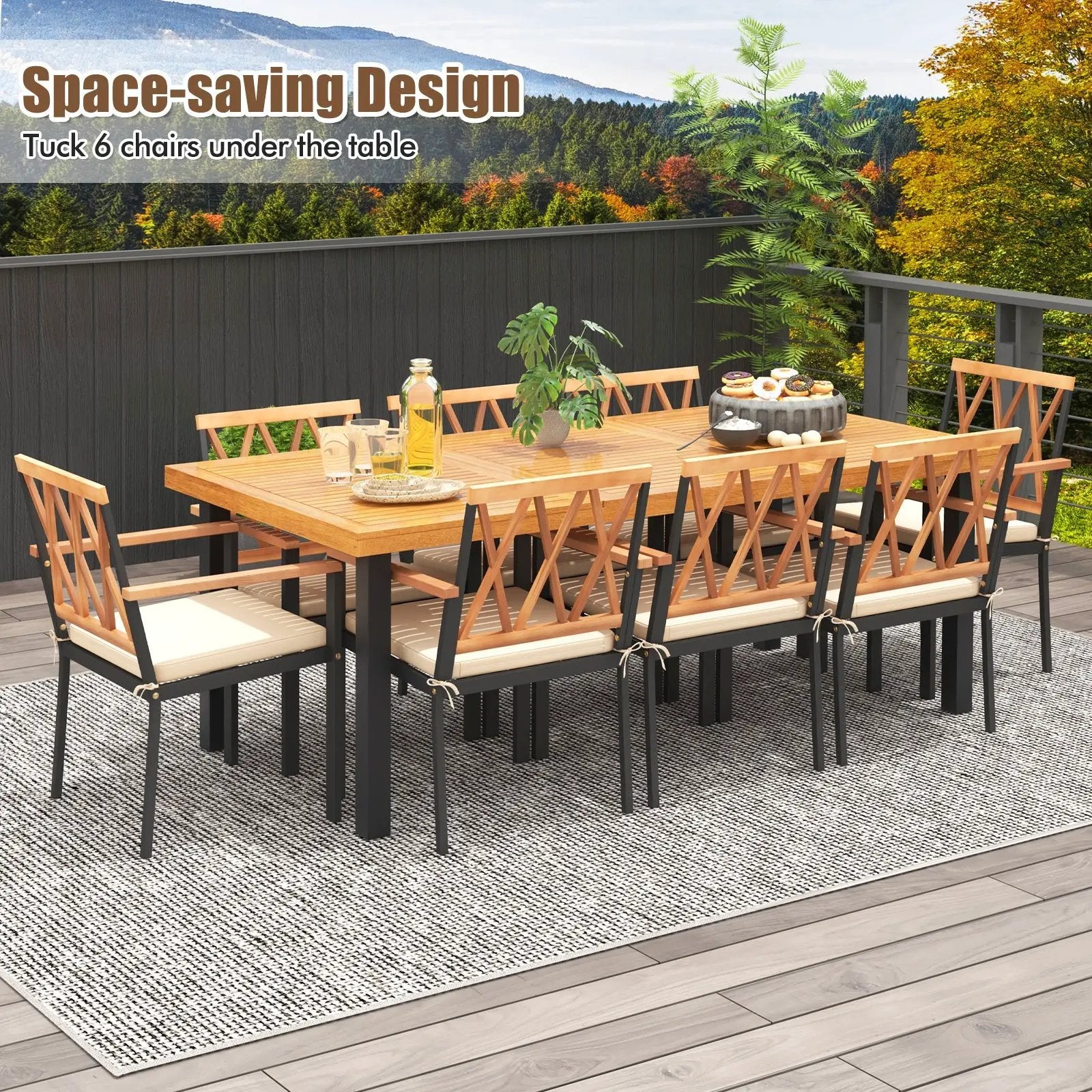 9 Pieces Patio Dining Set 39.5 Inch Acacia Wood Table with Umbrella Hole and 22.5-Inch Wide Chairs by DirectDeals
