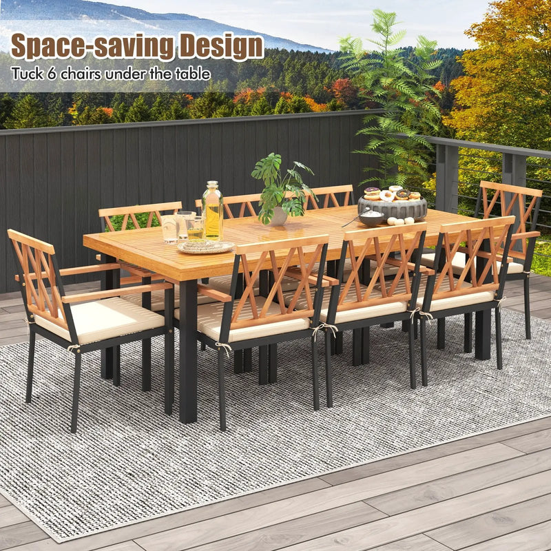 9 Pieces Patio Dining Set 39.5 Inch Acacia Wood Table with Umbrella Hole and 22.5-Inch Wide Chairs by DirectDeals