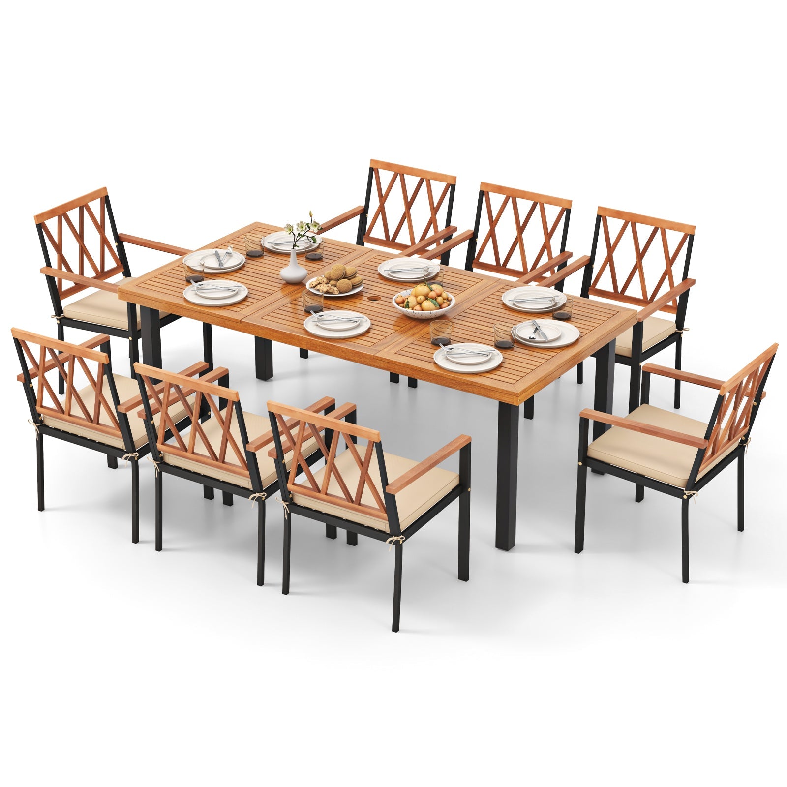 9 Pieces Patio Dining Set 39.5 Inch Acacia Wood Table with Umbrella Hole and 22.5-Inch Wide Chairs by DirectDeals