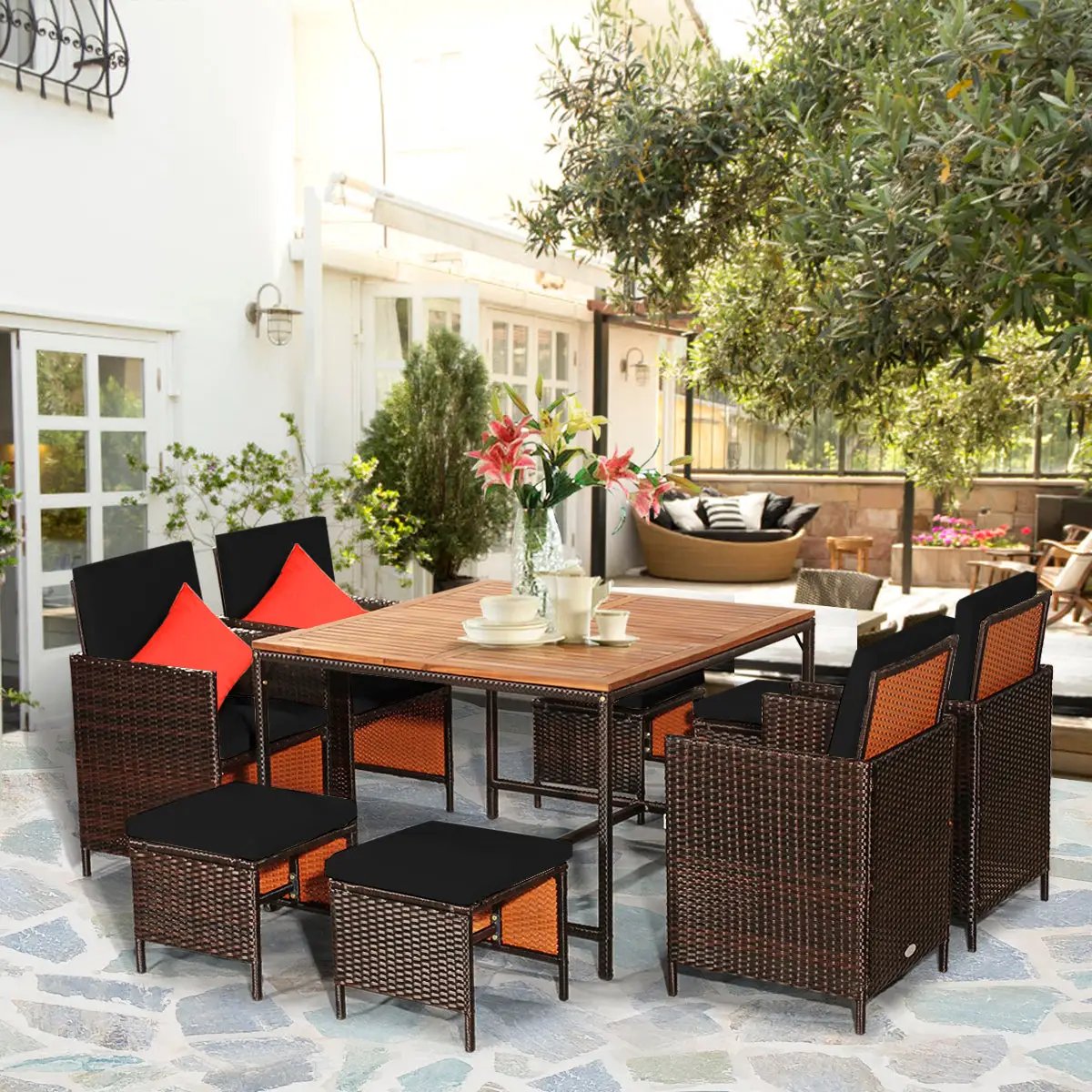 9 Pieces Patio Rattan Dining Cushioned Chairs Set by DirectDeals