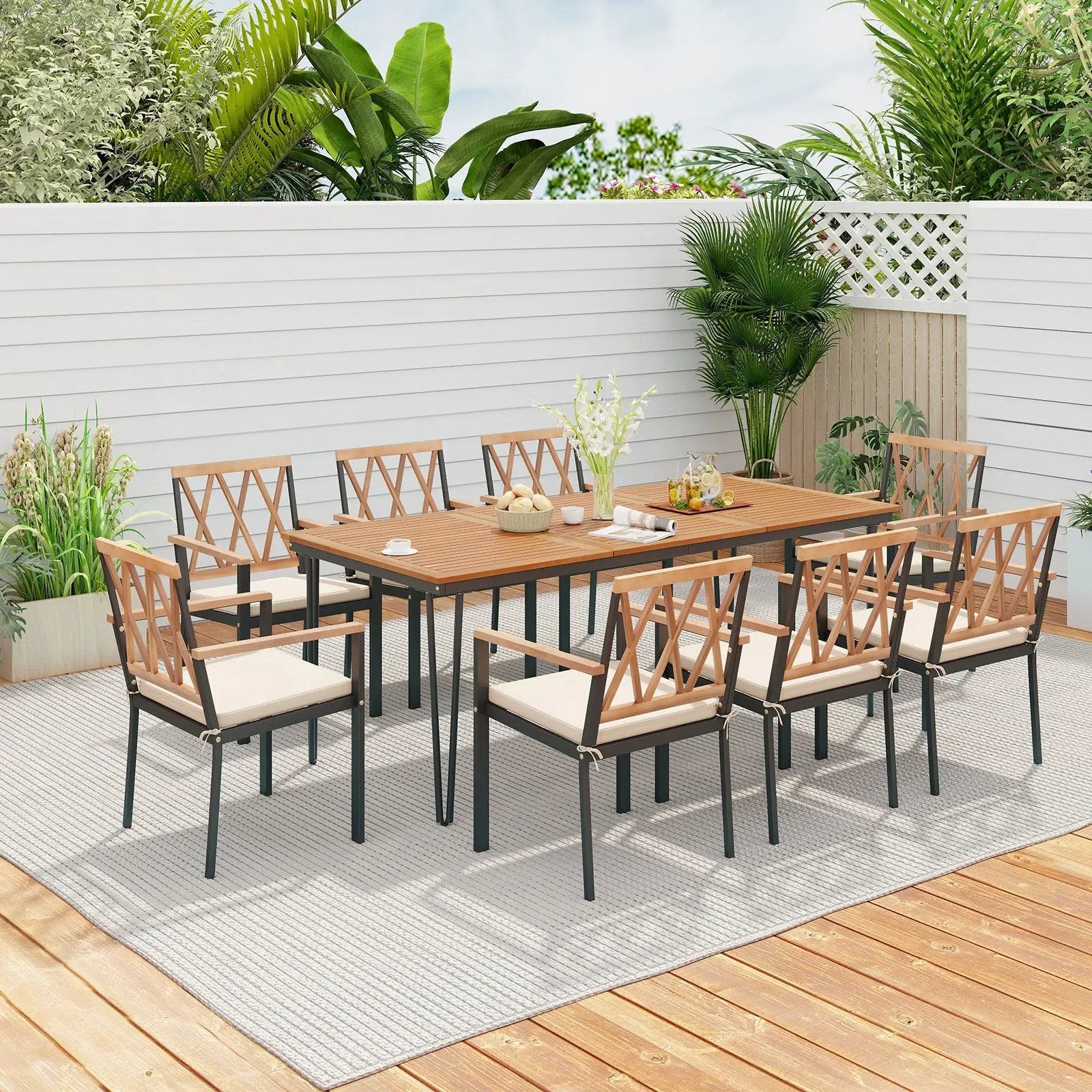 9-Piece Patio Dining Set 35.5 Inch Acacia Wood Table with Umbrella Hole and 22.5-Inch Wide Chairs by DirectDeals
