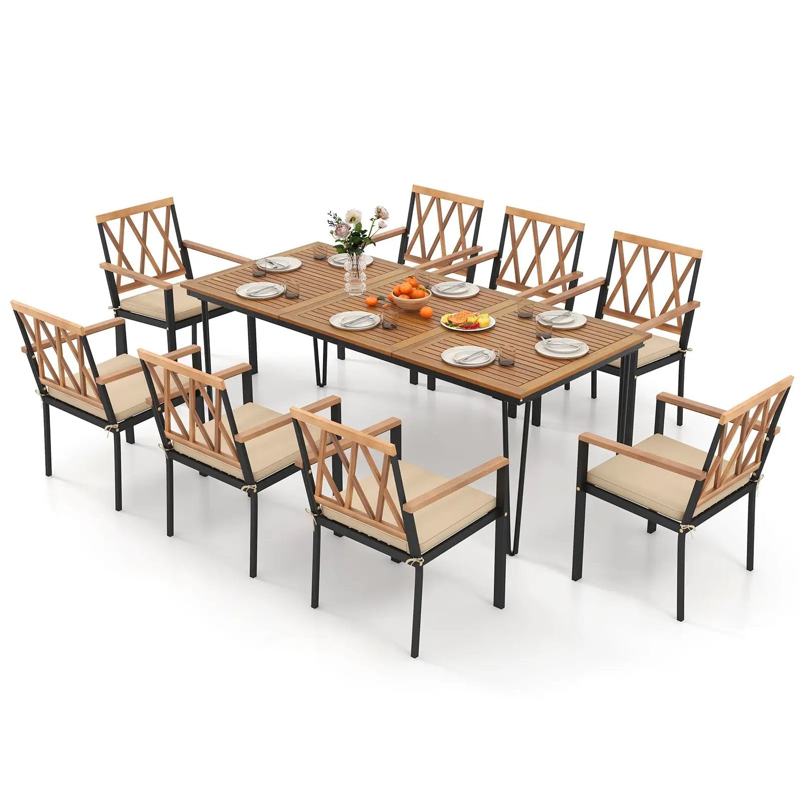 9-Piece Patio Dining Set 35.5 Inch Acacia Wood Table with Umbrella Hole and 22.5-Inch Wide Chairs by DirectDeals