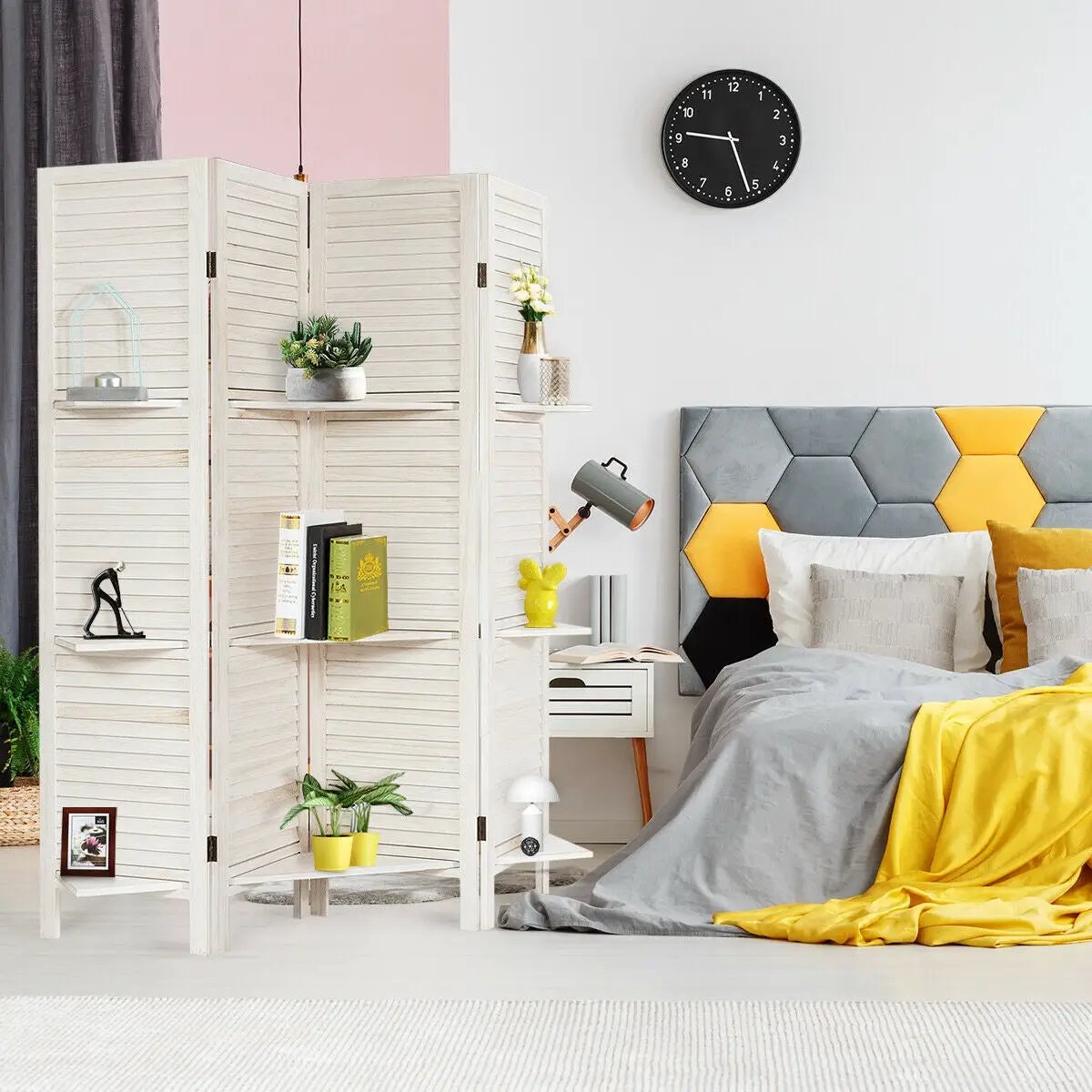 4 Panel Folding Room Divider Screen with 3 Display Shelves by DirectDeals