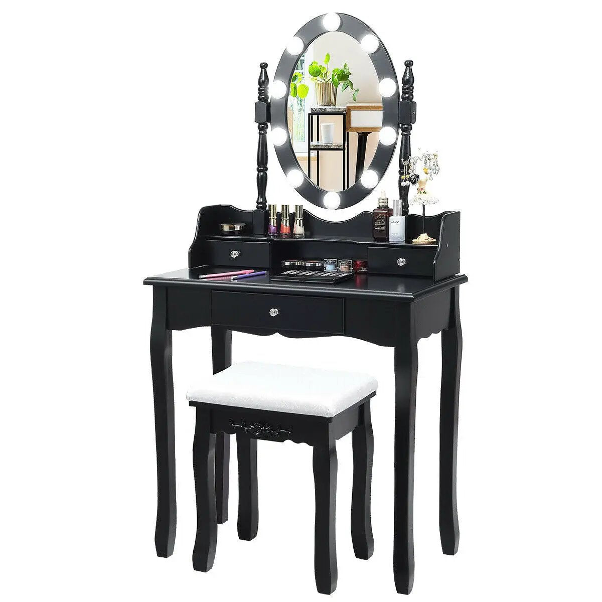Oval Mirror Vanity Set with 10 LED Dimmable Bulbs and 3 Drawers by DirectDeals