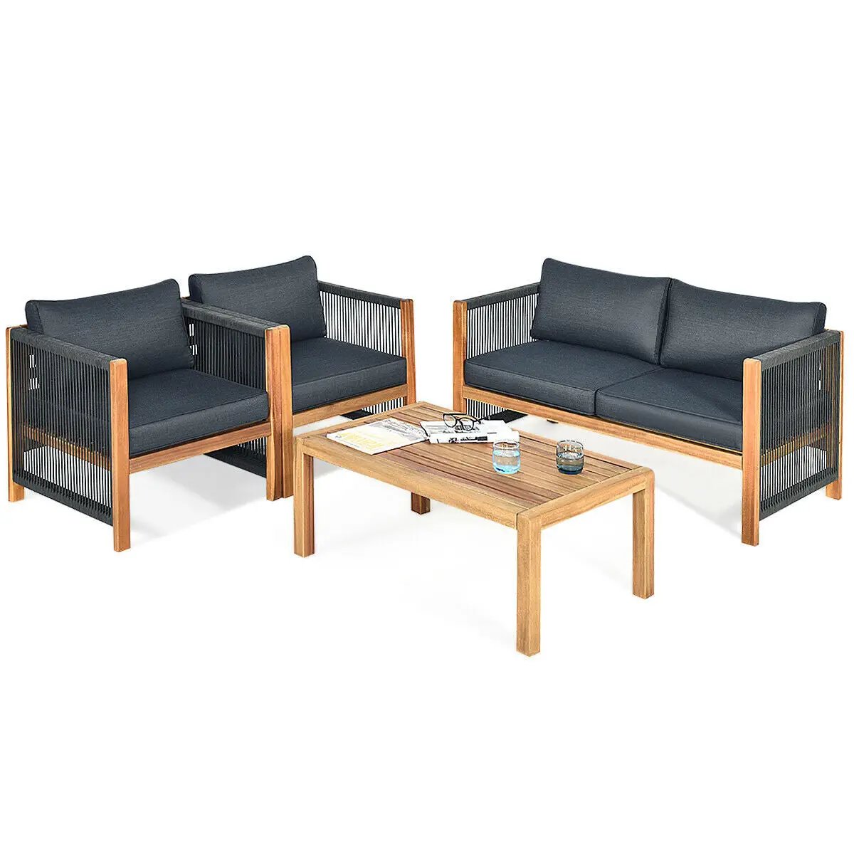 4 Pieces Acacia Wood Outdoor Patio Furniture Set with Cushions by DirectDeals