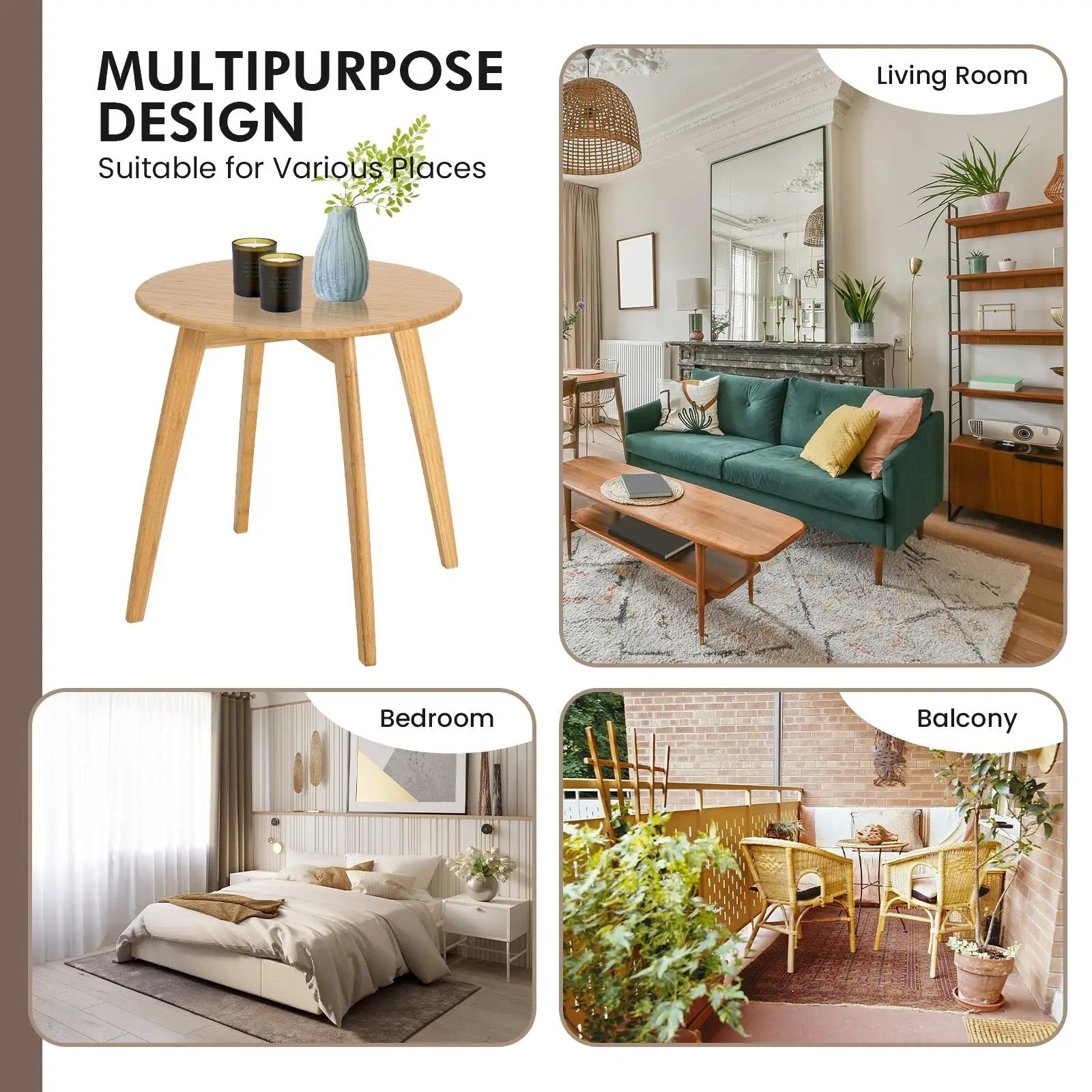 Natural Modern Stylish Bamboo Round End Table with 20 Inch Round Tabletop-Natural by DirectDeals