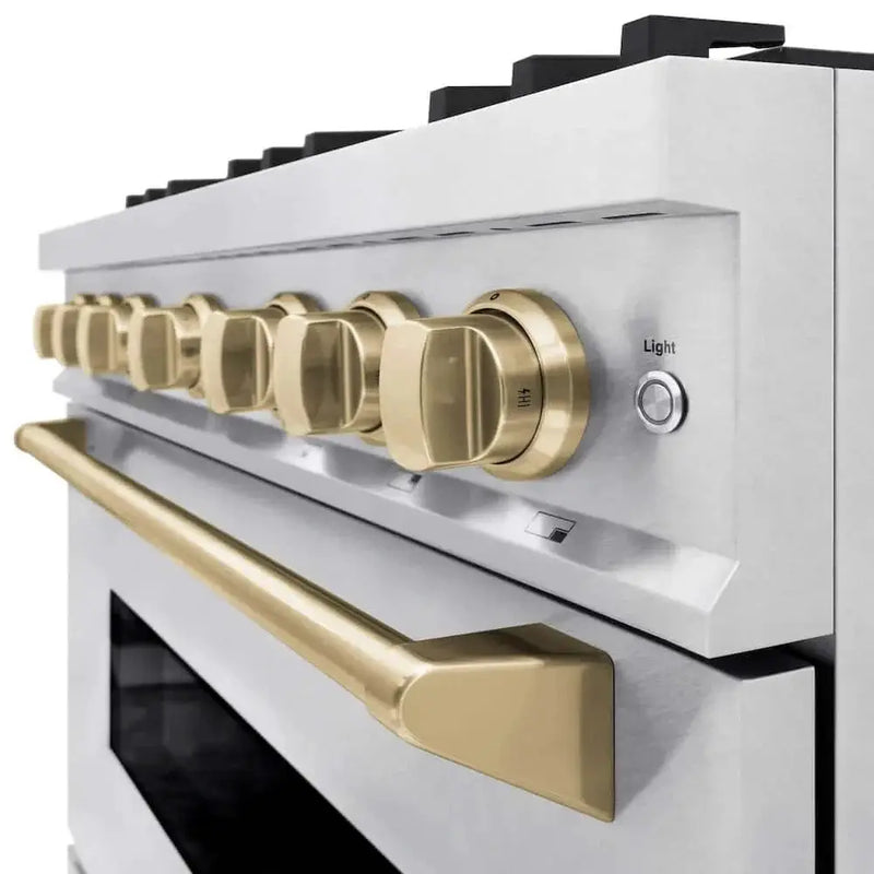 ZLINE 36" Dual Fuel Range, Gas Cooktop, Electric Convection Oven DuraSnow® Stainless Steel, Champagne Bronze CDRSZ-36-CB by Farmhouse Kitchen and Bath