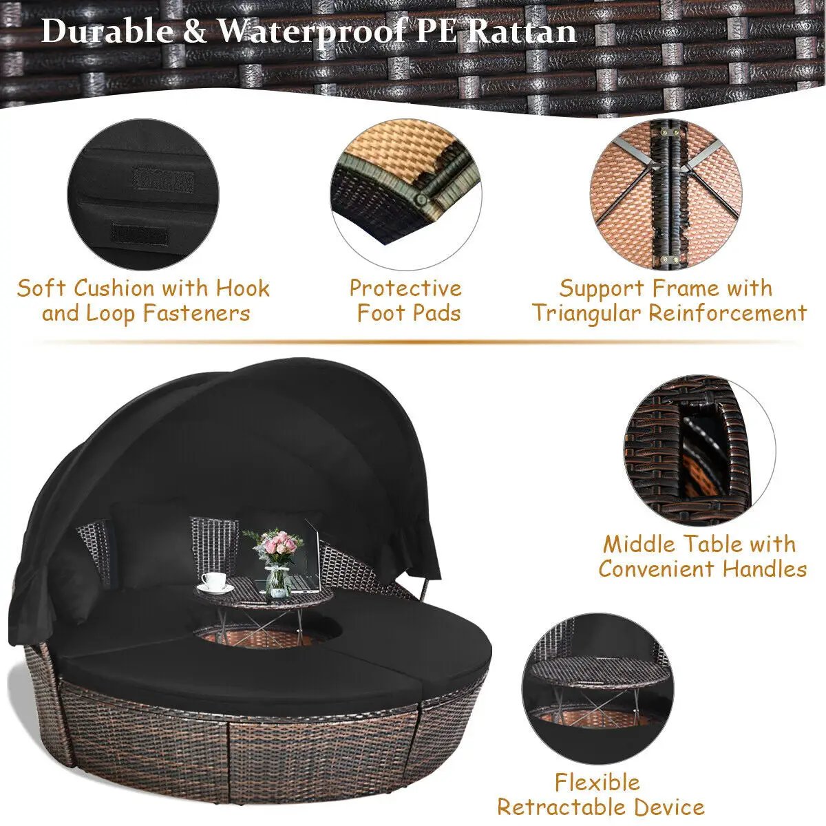 Patio Round Daybed Rattan Furniture Sets with Canopy by DirectDeals