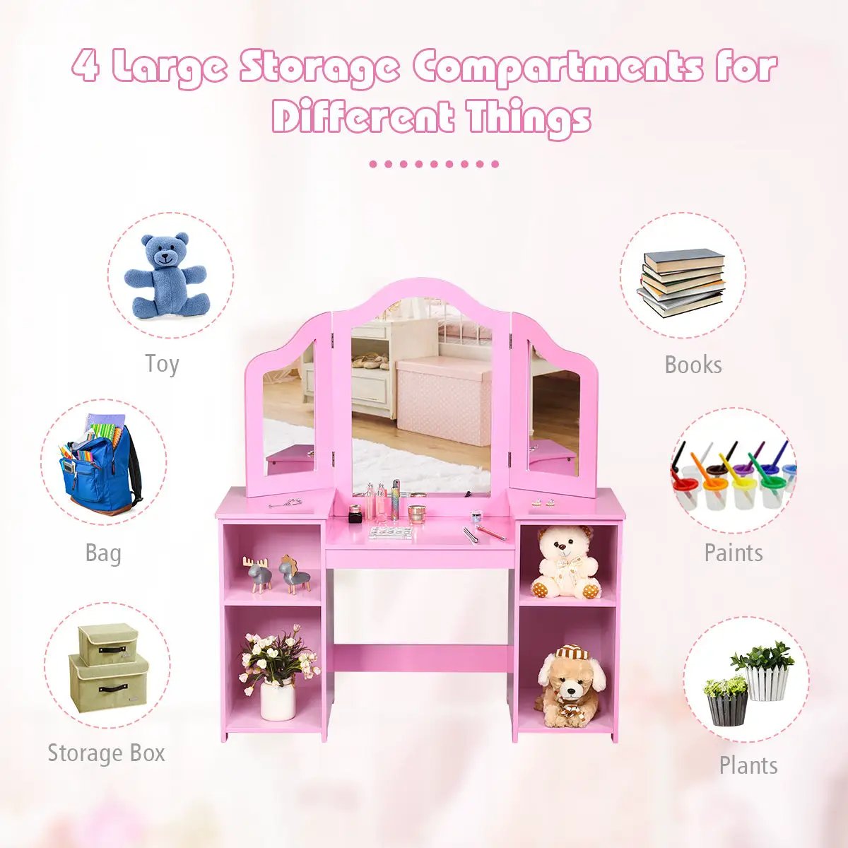Kids Tri Folding Mirror Makeup Dressing Vanity Table Set by DirectDeals