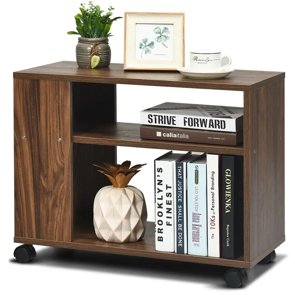 Multifunctional 3-Tier Side Table with Wheels and Large Storage Shelf by DirectDeals