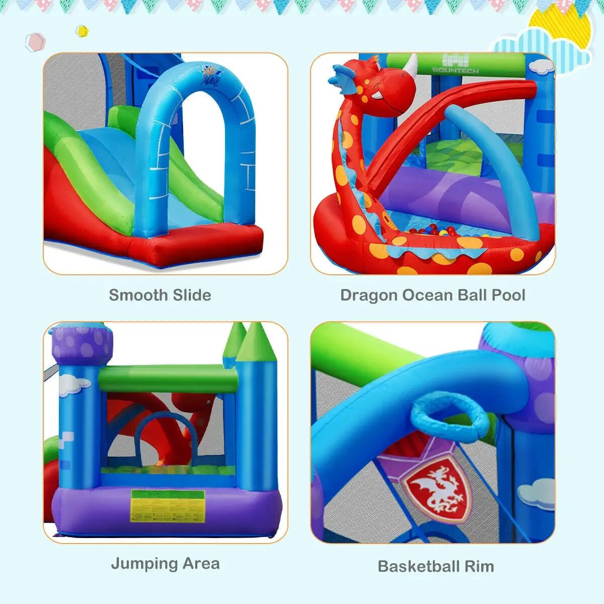 Kids Inflatable Bounce House Dragon Jumping Slide Bouncer Castle with 740W Blower by DirectDeals