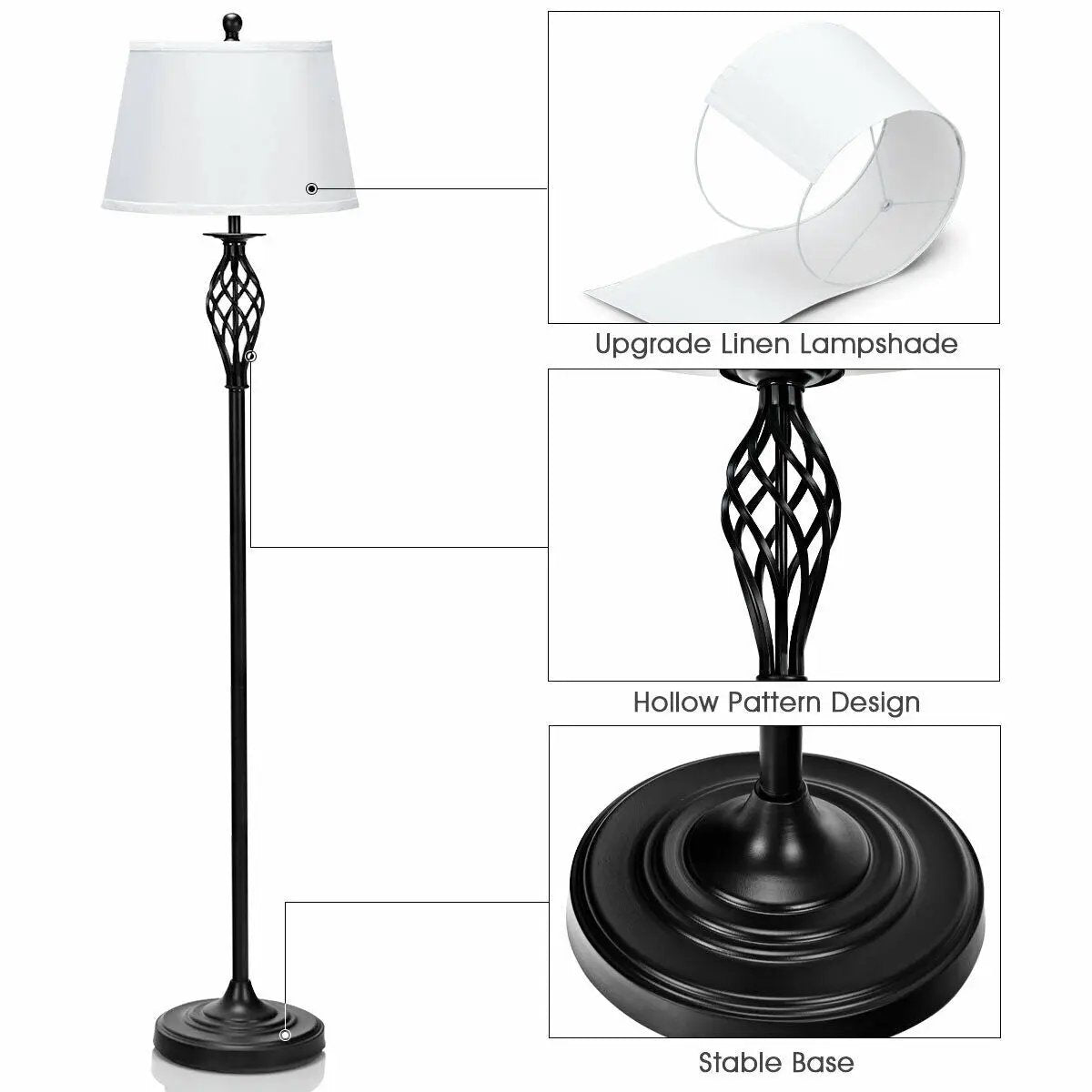 2 Table Lamps 1 Floor Lamp Set with Fabric Shades by DirectDeals