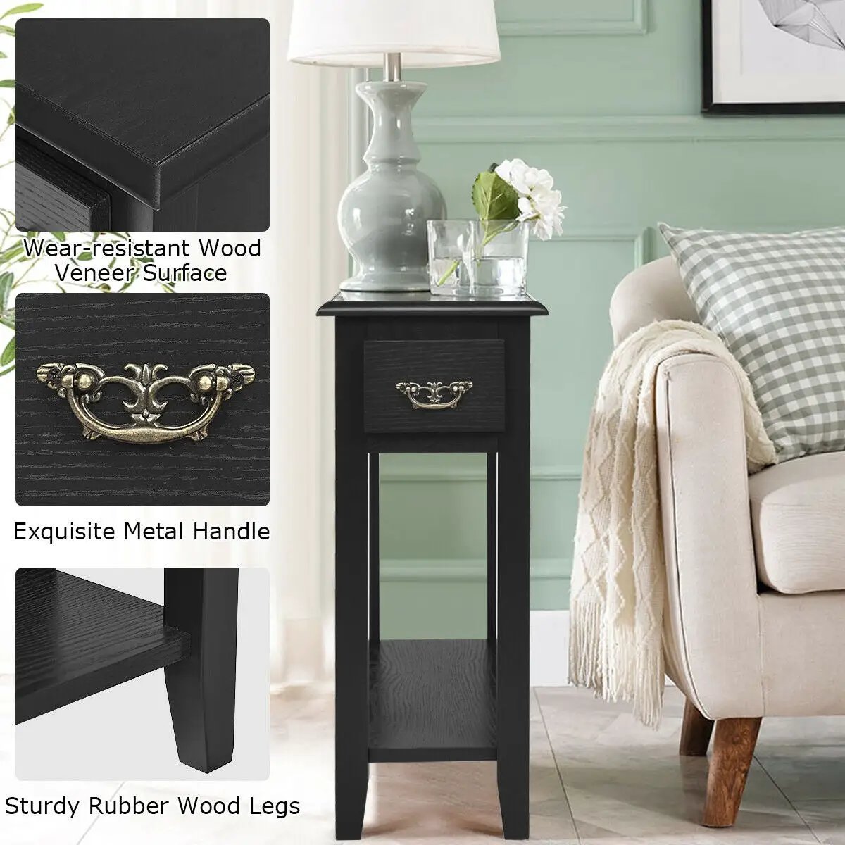 End Table Bedside Sofa End Table Narrow Nightstand with Wooden Legs by DirectDeals