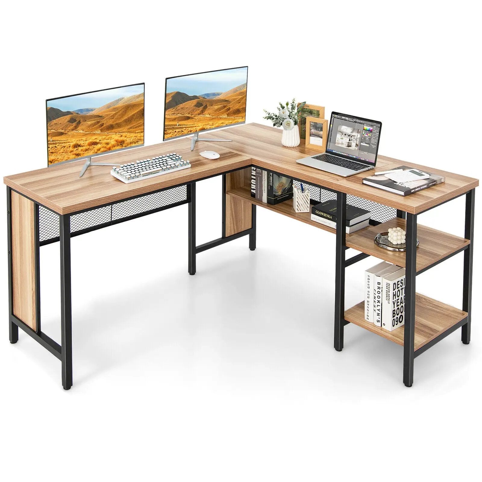 Industrial L-Shaped Corner Computer Desk Office Workstation with Storage Shelves by DirectDeals