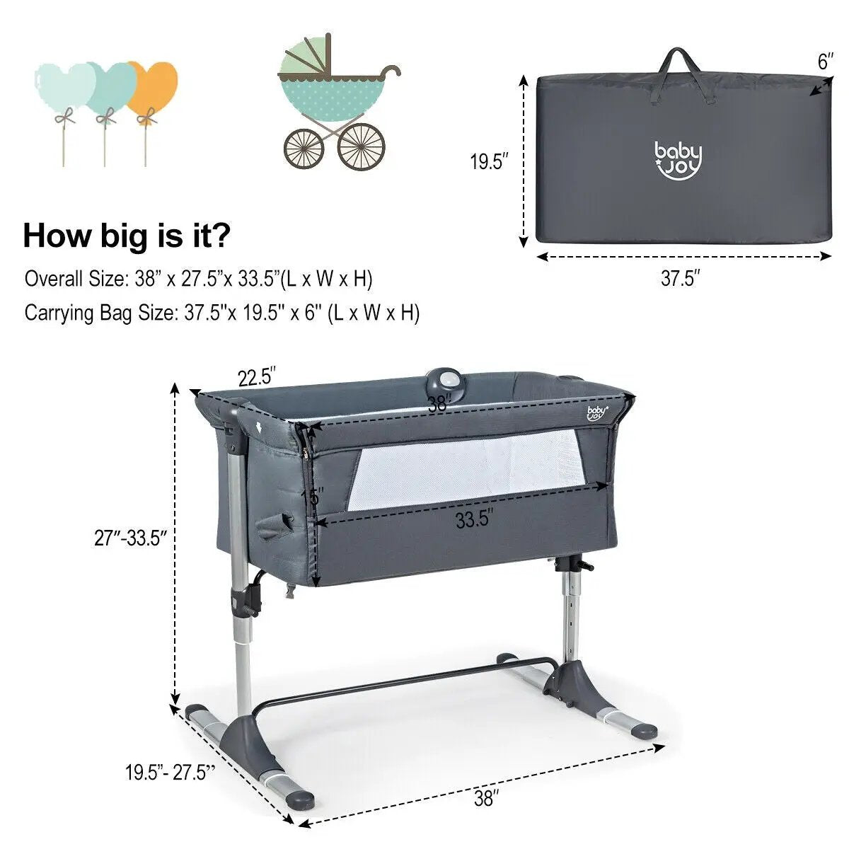 Height Adjustable Baby Side Crib with Music Box & Toys by DirectDeals