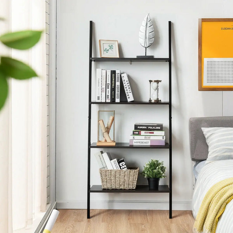 Multipurpose 4-Tier Industrial Leaning Wall Bookcase with Metal Frame by DirectDeals