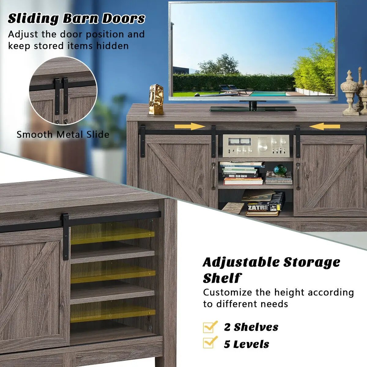 55 Inch TV Sliding Barn Door Entertainment Center with Adjustable Shelves by DirectDeals