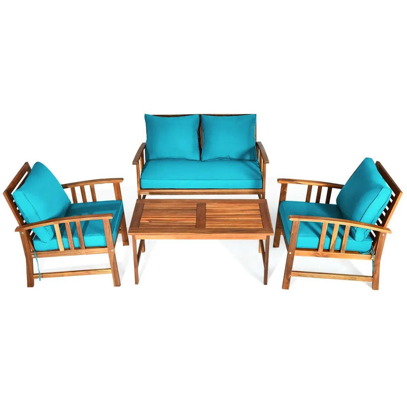 4 Pcs Wooden Patio Furniture Set Table Sofa Chair Cushioned Garden by DirectDeals