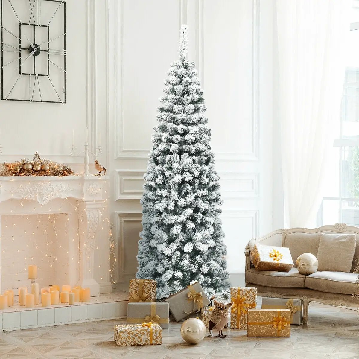 6 Feet Unlit Hinged Snow Flocked Artificial Pencil Christmas Tree with 500 Branch Tip by DirectDeals