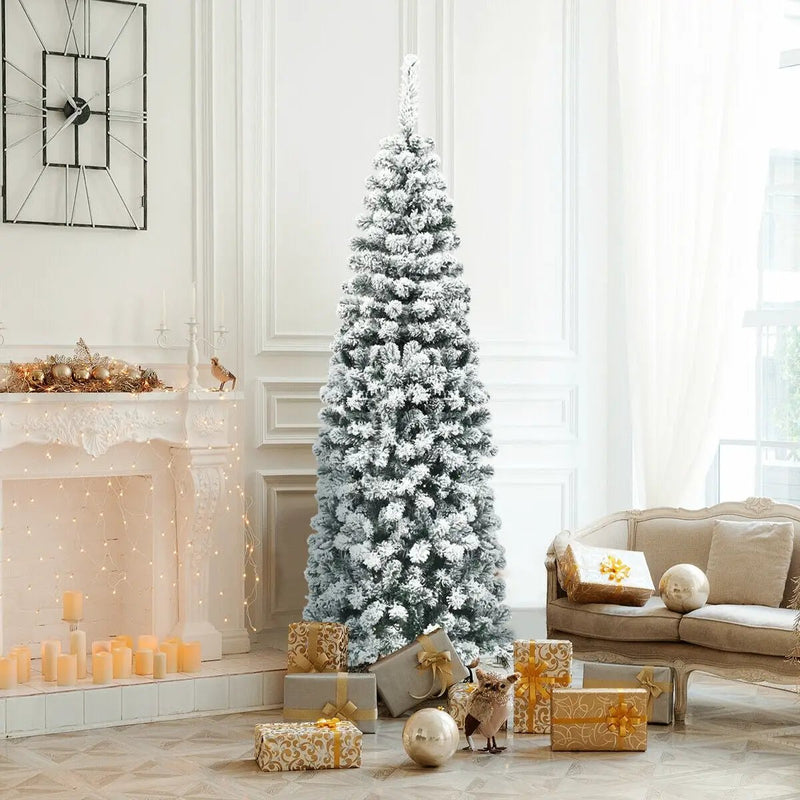 6 Feet Unlit Hinged Snow Flocked Artificial Pencil Christmas Tree with 500 Branch Tip by DirectDeals