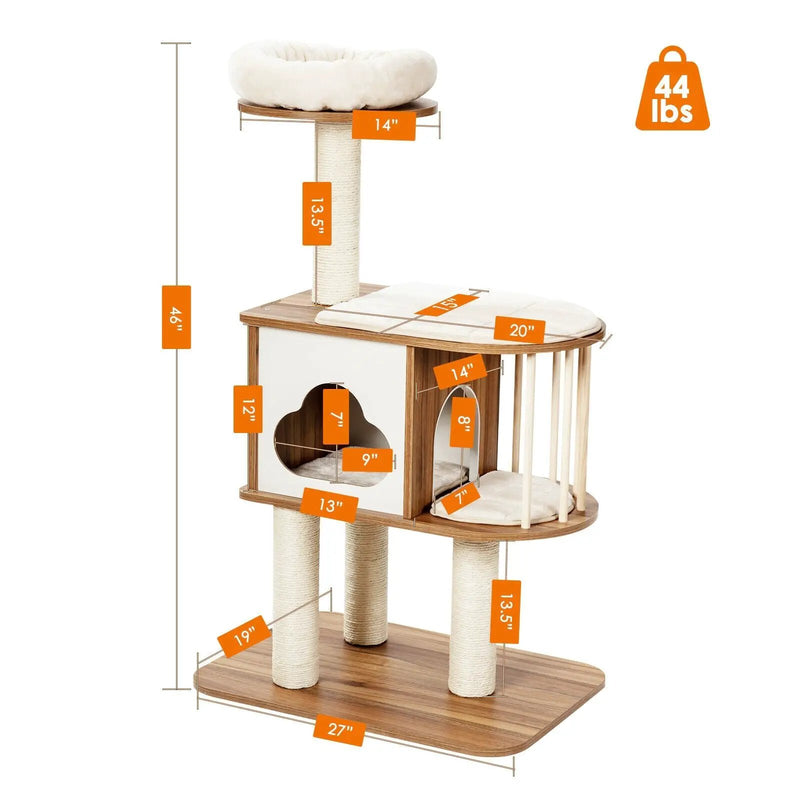 46 Inch Wooden Cat Activity Tree with Platform and Cushions by DirectDeals