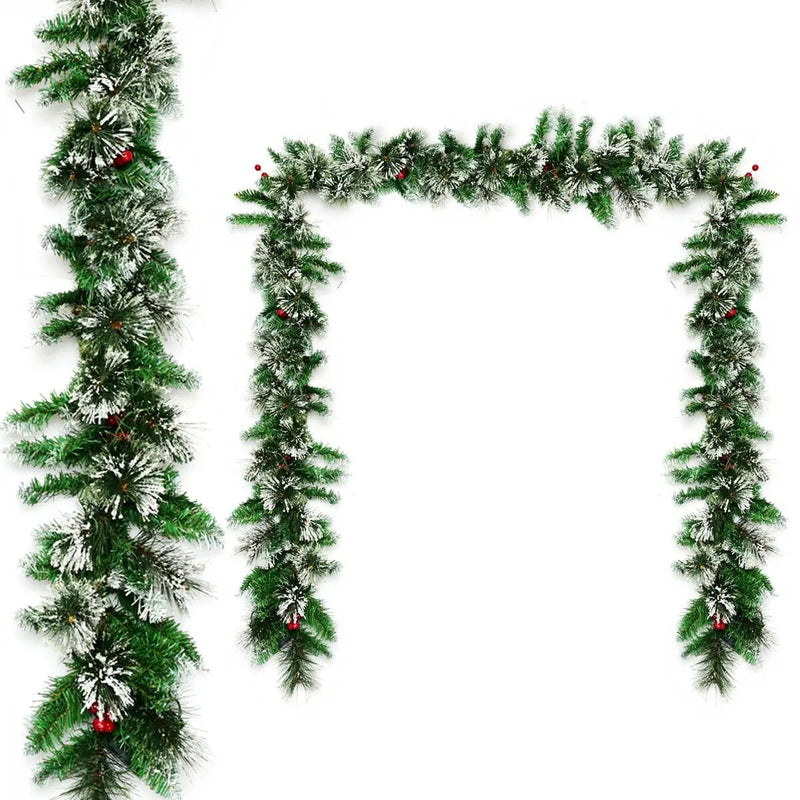9 Feet Pre-lit Snow Flocked Tips Christmas Garland with Red Berries by DirectDeals
