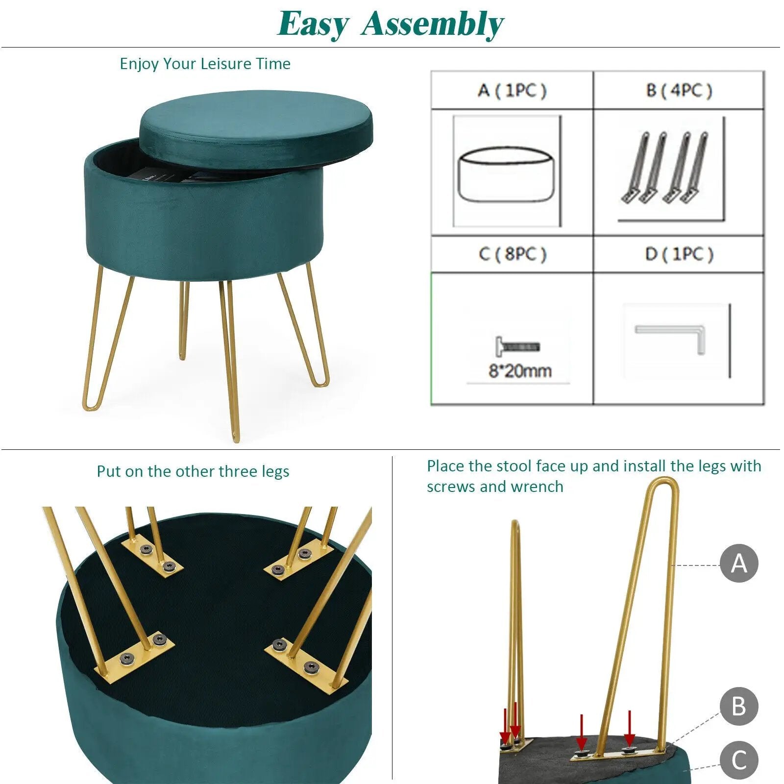 Round Velvet Storage Ottoman Footrest Stool Vanity Chair with Metal Legs by DirectDeals