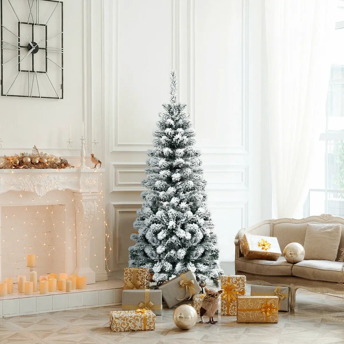 4.5 Feet Unlit Hinged Snow Flocked Artificial Pencil Christmas Tree with 242 Branch by DirectDeals