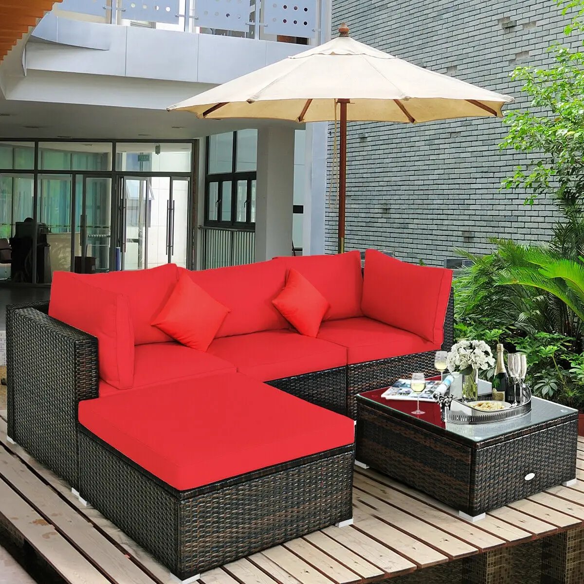 5 Pcs Outdoor Patio Rattan Furniture Set Sectional Conversation with Navy Cushions-Turquoise by DirectDeals