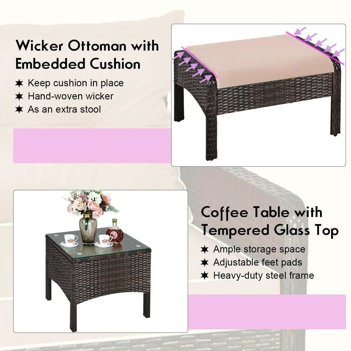5-Piece Patio Rattan Sofa Set with Ottomans & Table by DirectDeals