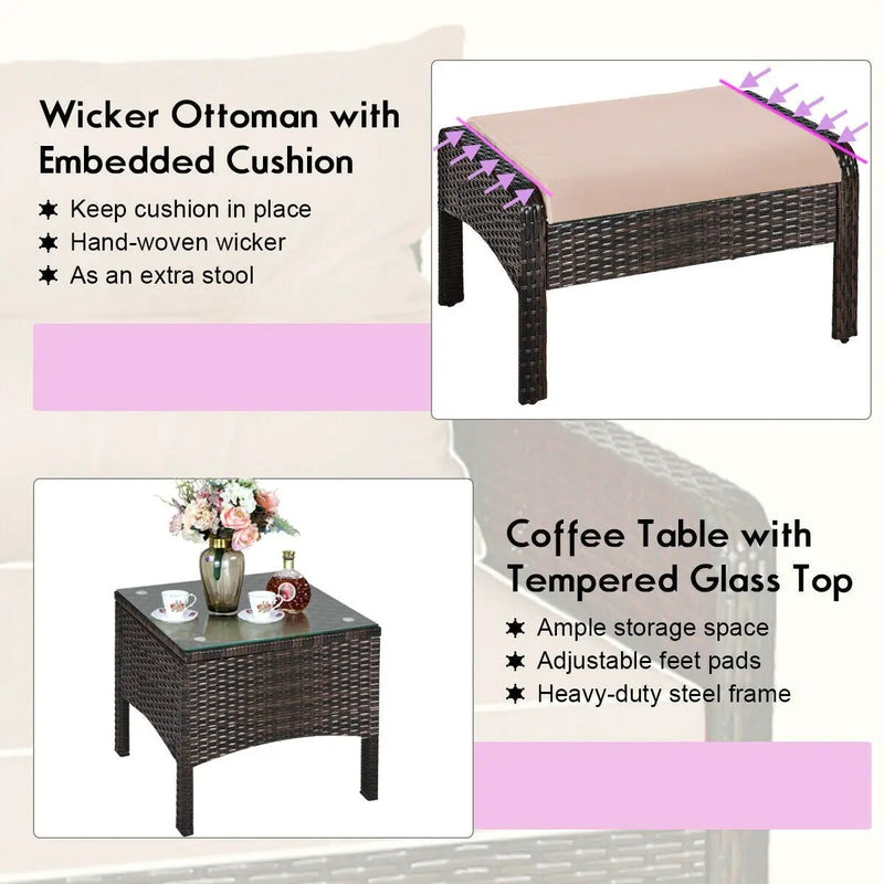 5-Piece Patio Rattan Sofa Set with Ottomans & Table by DirectDeals