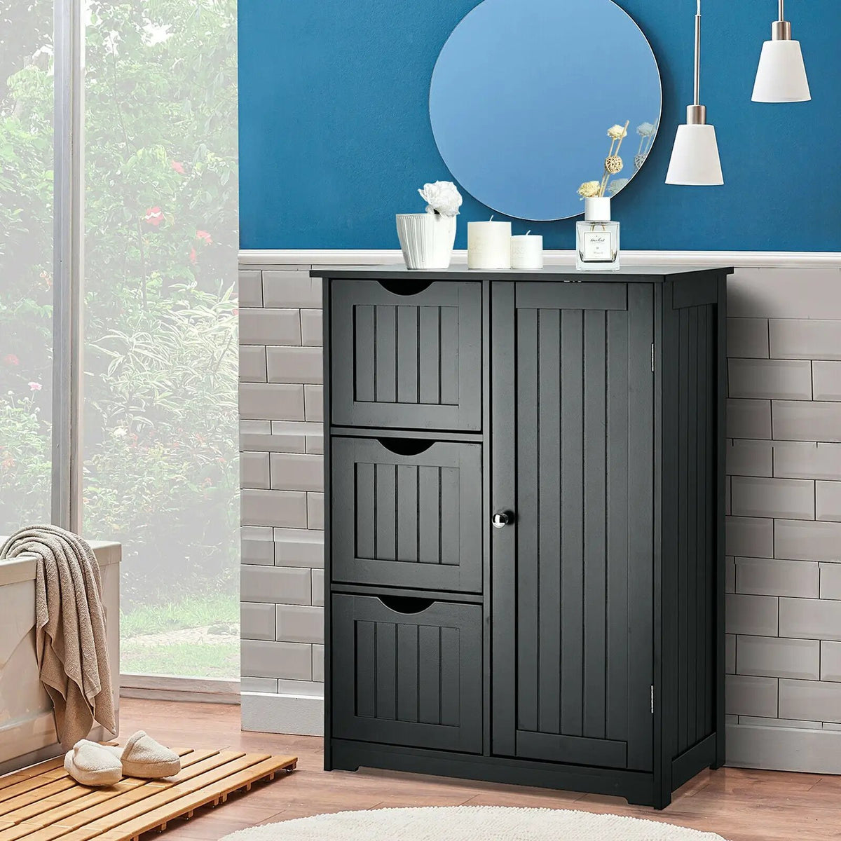 Bathroom Floor Cabinet Side Storage Cabinet with 3 Drawers and 1 Cupboard by DirectDeals