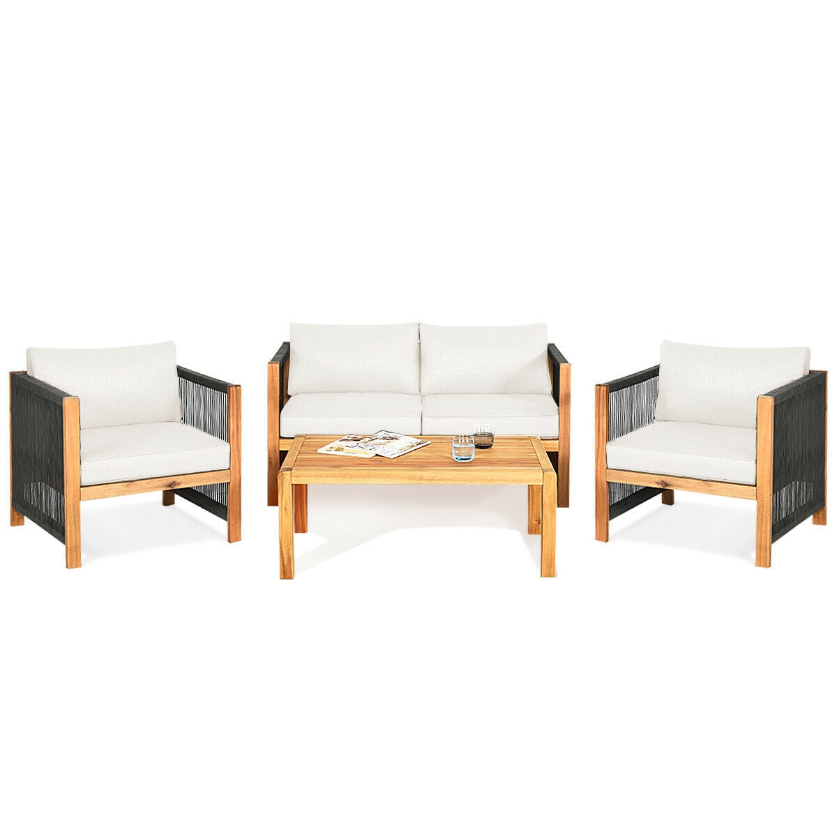 4 Pieces Acacia Wood Outdoor Patio Furniture Set with Cushions by DirectDeals