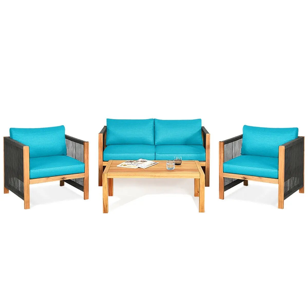 4 Pieces Acacia Wood Outdoor Patio Furniture Set with Cushions by DirectDeals