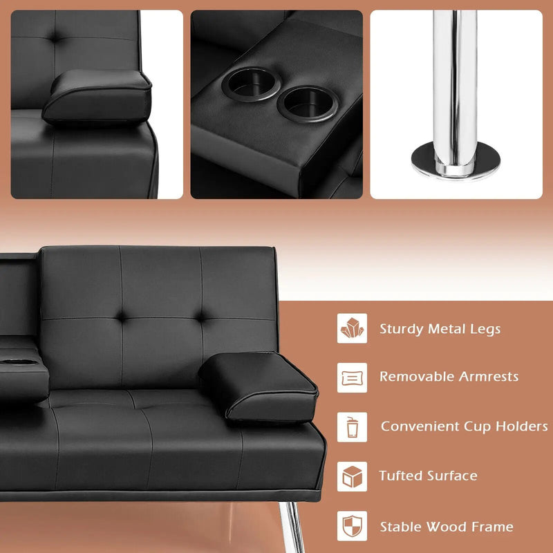 Convertible Folding Leather Futon Sofa with Cup Holders and Armrests by DirectDeals
