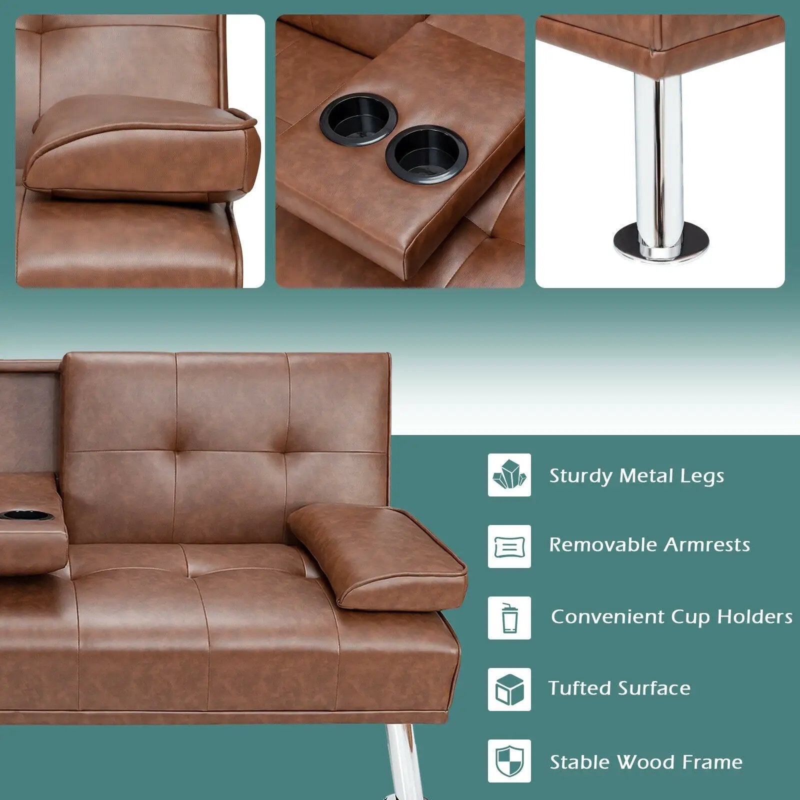 Convertible Folding Leather Futon Sofa with Cup Holders and Armrests by DirectDeals