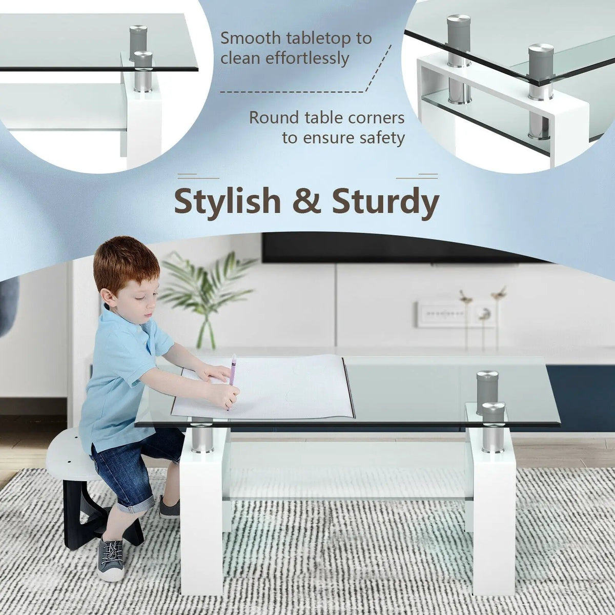 Rectangle Glass Coffee Table with Metal Legs for Living Room by DirectDeals