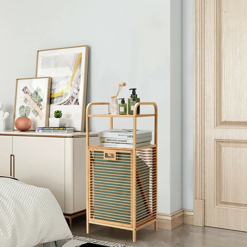 Tilt-out Bamboo Laundry Hamper with 2-Tier Shelf and Removable Liner-Natural by DirectDeals