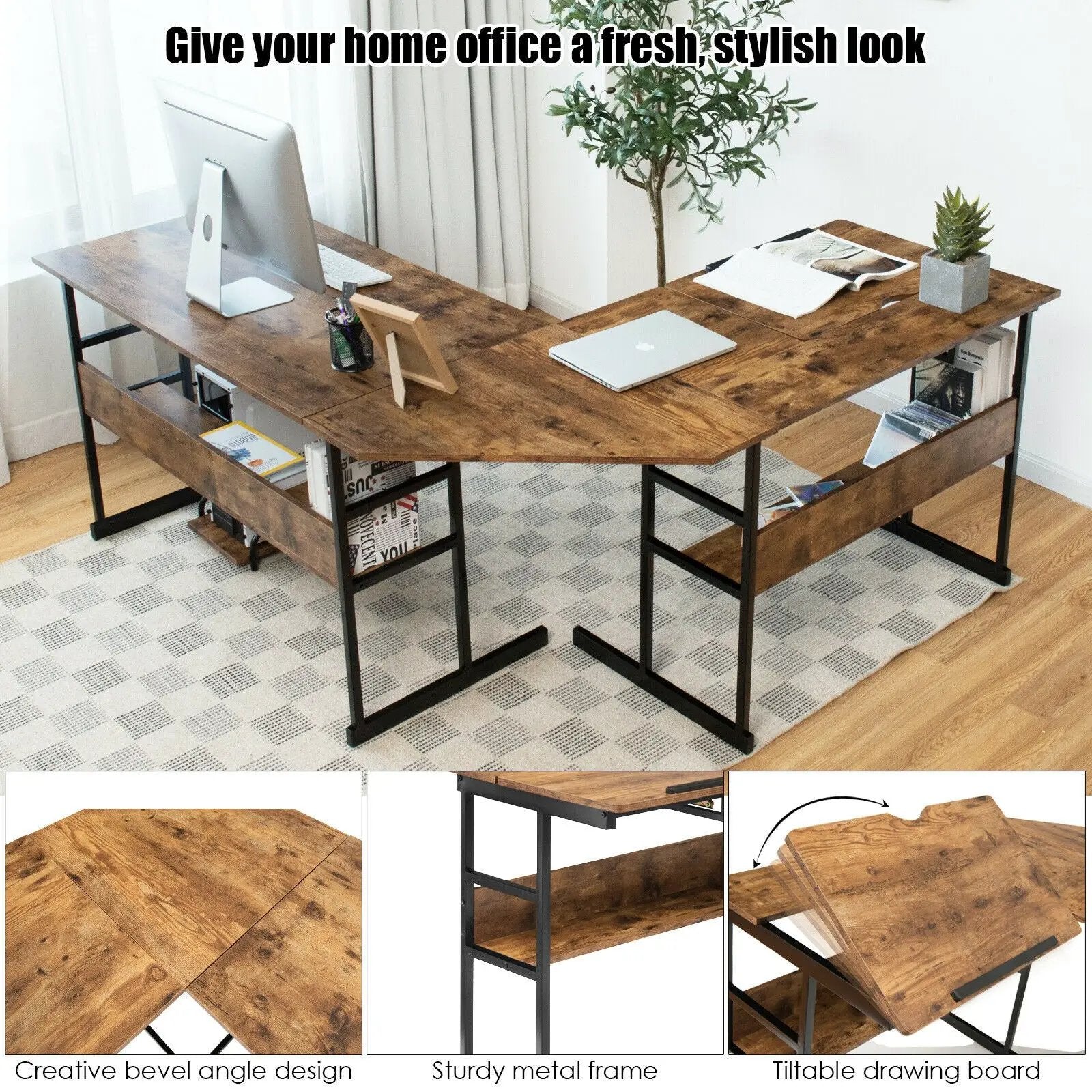 L-Shaped Computer Desk with Tiltable Tabletop by DirectDeals