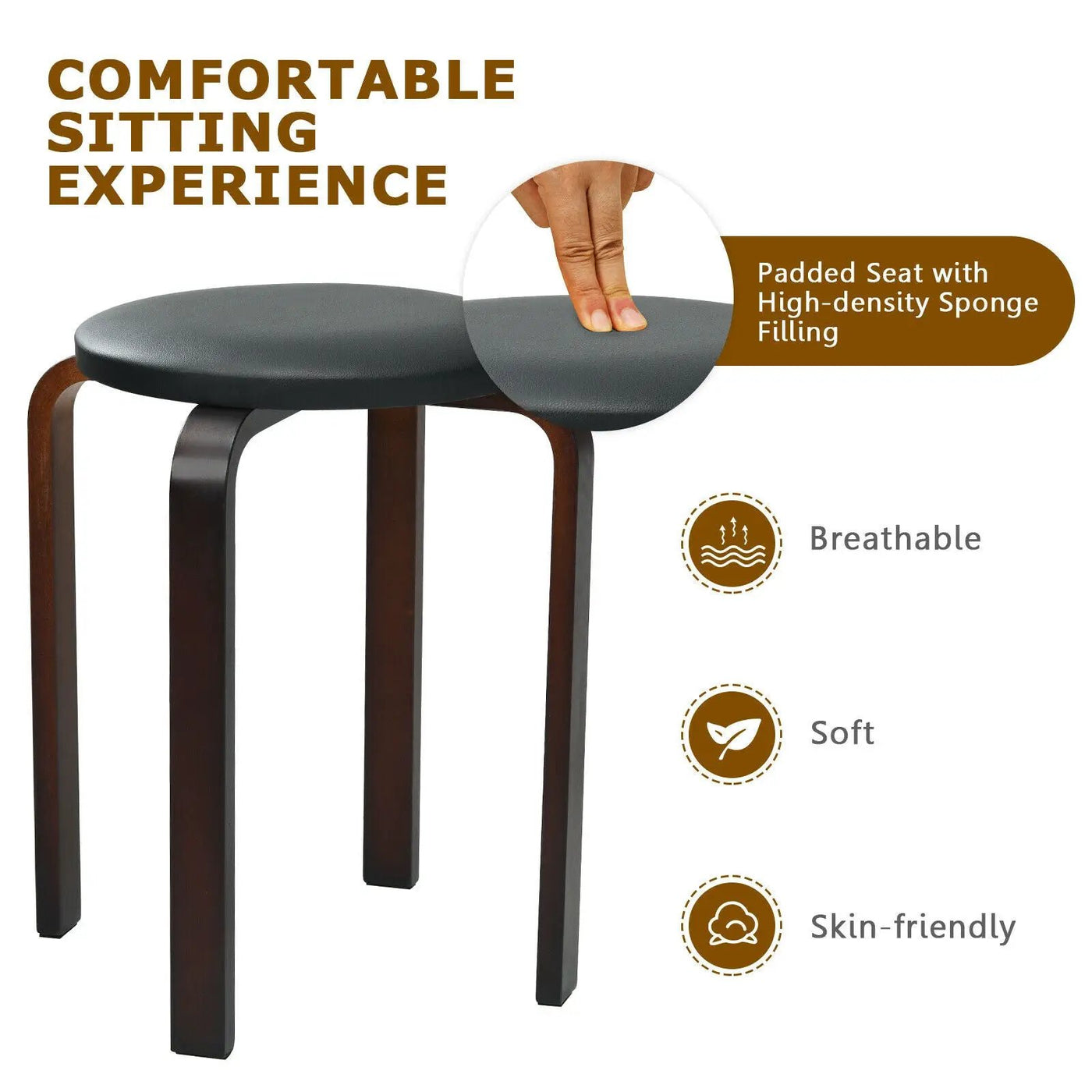 Set of 4 Bentwood Round Stool Stackable Dining Chairs with Padded Seat by DirectDeals