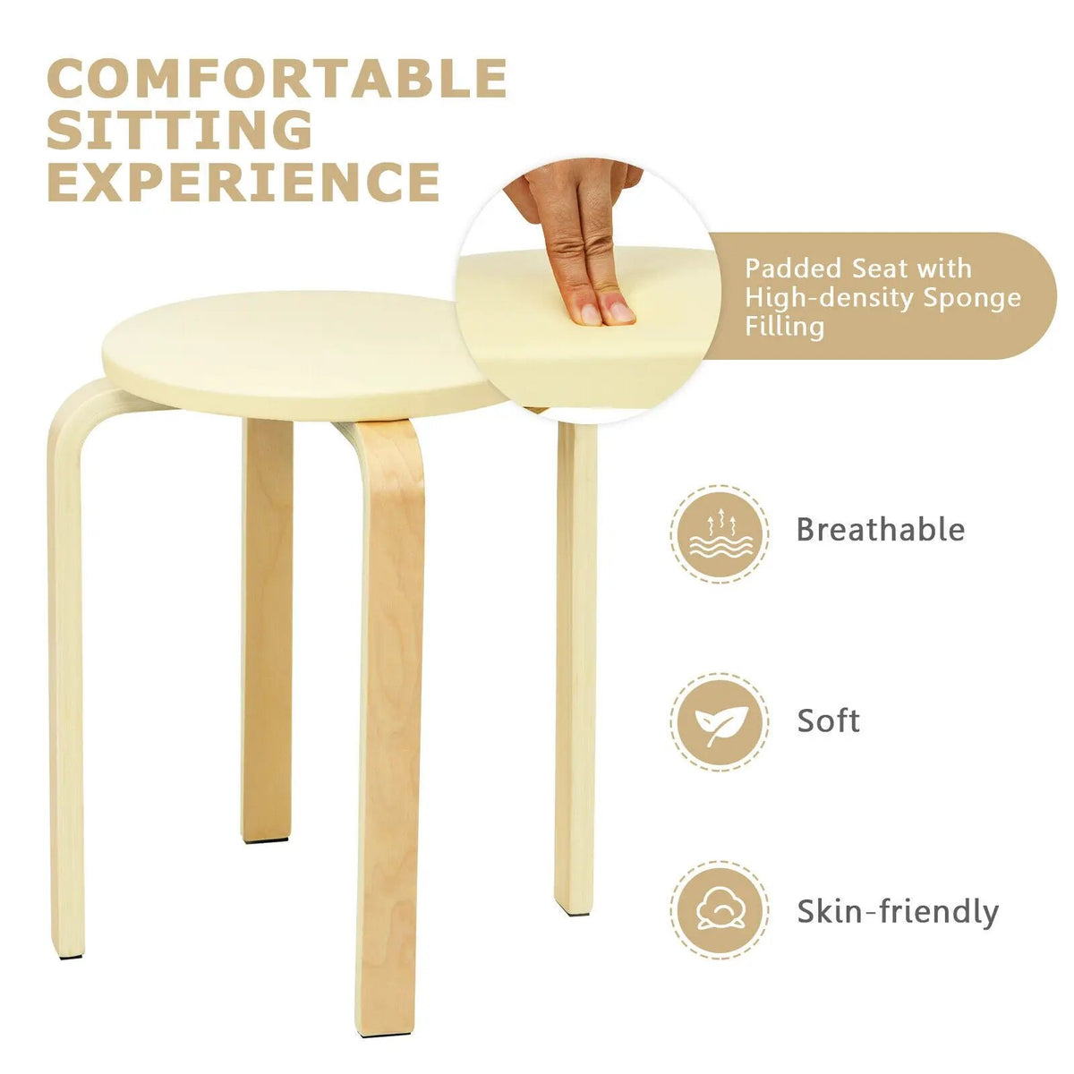Set of 4 Bentwood Round Stool Stackable Dining Chairs with Padded Seat by DirectDeals
