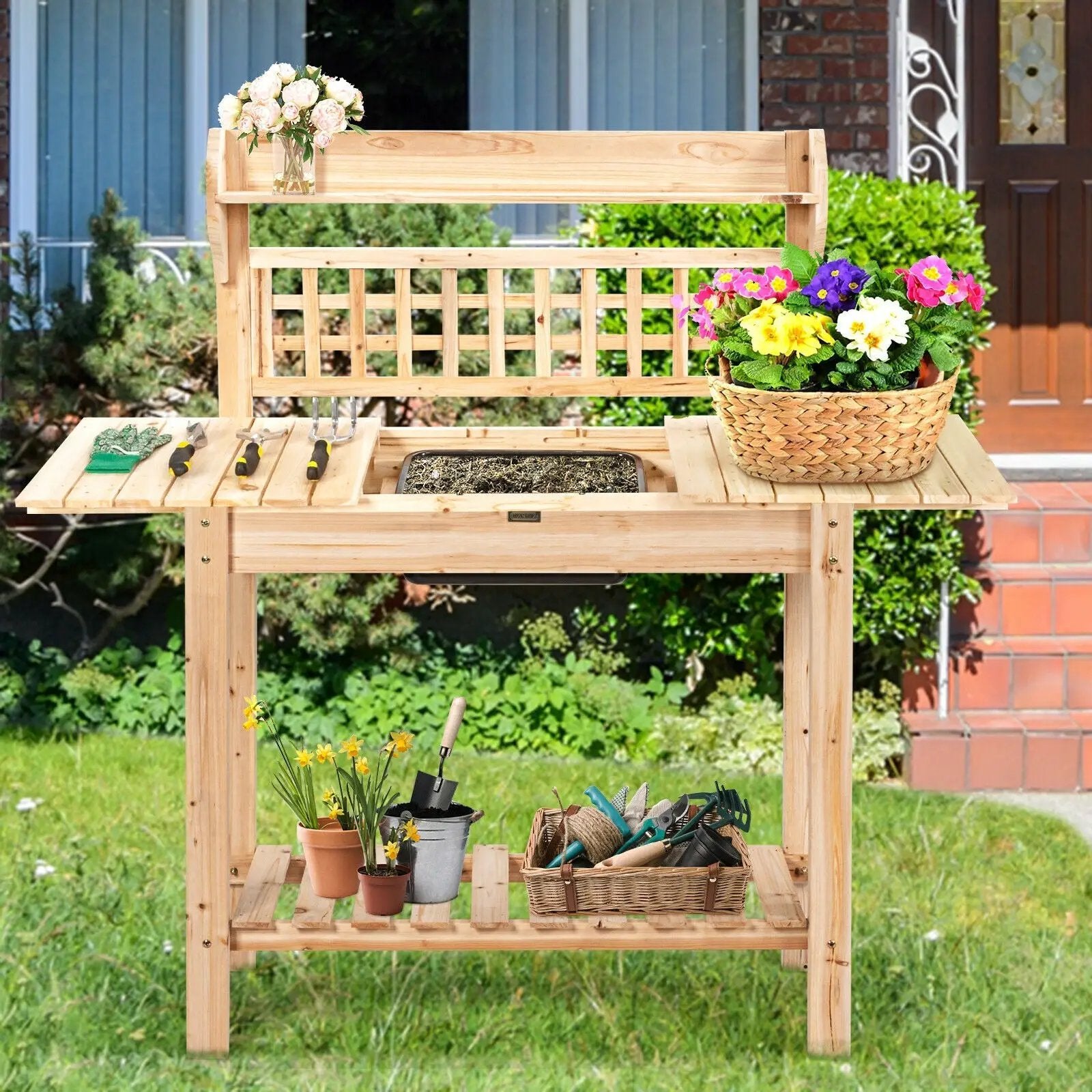 Garden Potting Bench Workstation Table with Sliding Tabletop Sink Shelves by DirectDeals