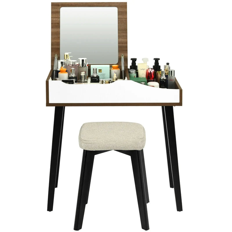 Vanity Table Set with Flip Top Mirror and Padded Stool-Brown by DirectDeals