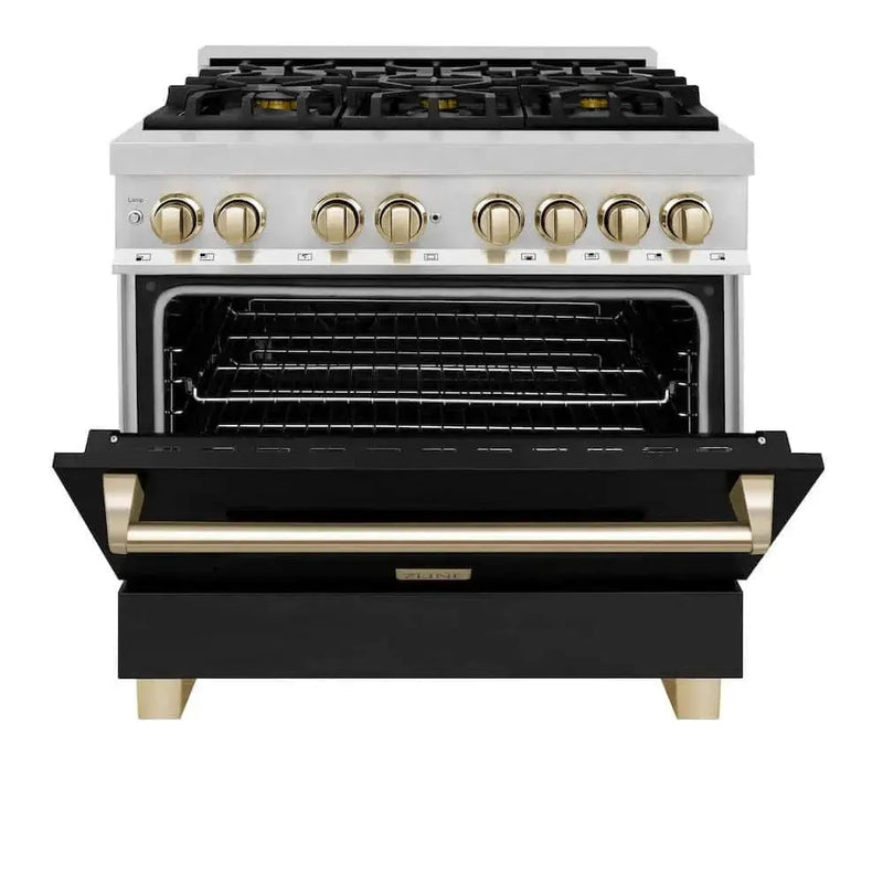 ZLINE 36" Autograph Dual Fuel Range, Black, Gold, RAZ-BLM-36-G by Farmhouse Kitchen and Bath