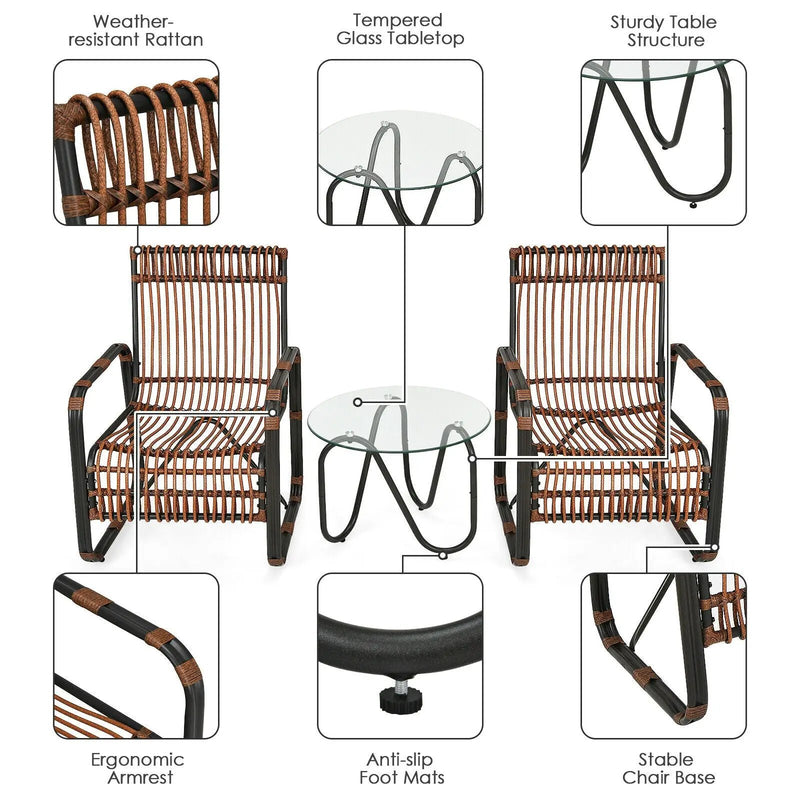3 Pieces Patio Rattan Furniture Set with 2 Single Wicker Chairs and Glass Side Table by DirectDeals
