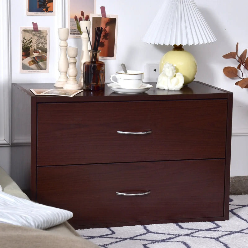 2-Drawer Dresser Horiztonal Organizer End Table Nightstand with Handle Wood-Brown by DirectDeals