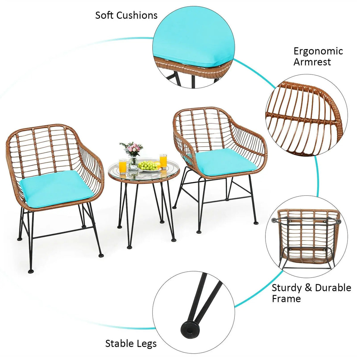3-Piece Rattan Bistro Set with Cushions and Glass Table by DirectDeals