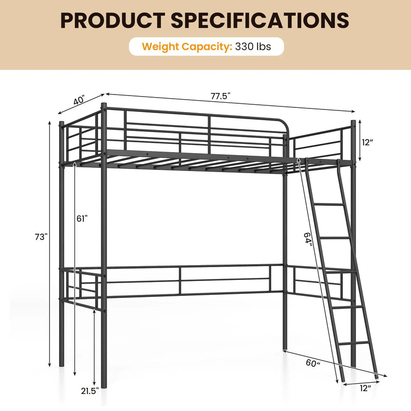 Metal Loft Twin Bed Frame Single High Loft Bed-Black by DirectDeals