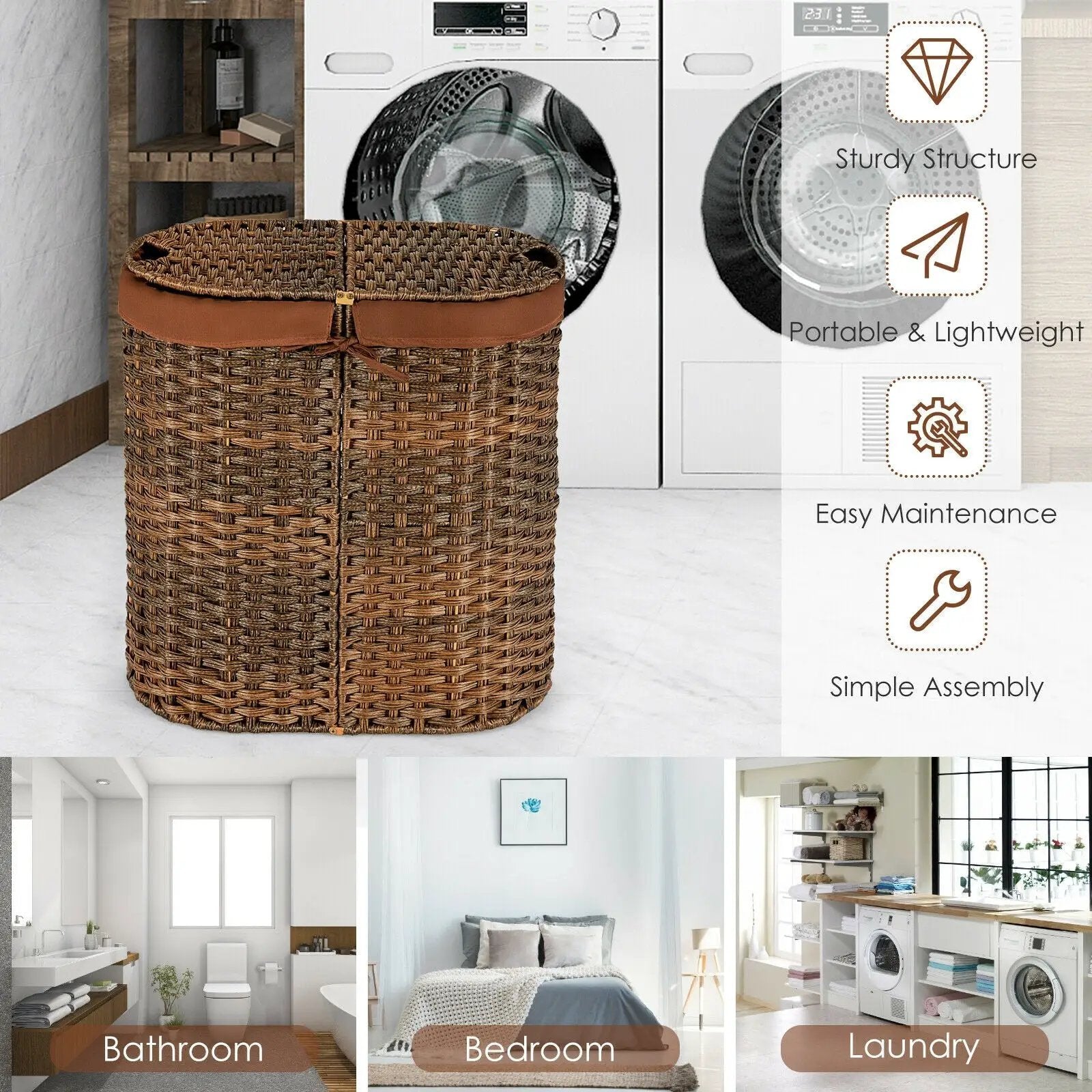 Handwoven Laundry Hamper Basket with 2 Removable Liner Bags by DirectDeals