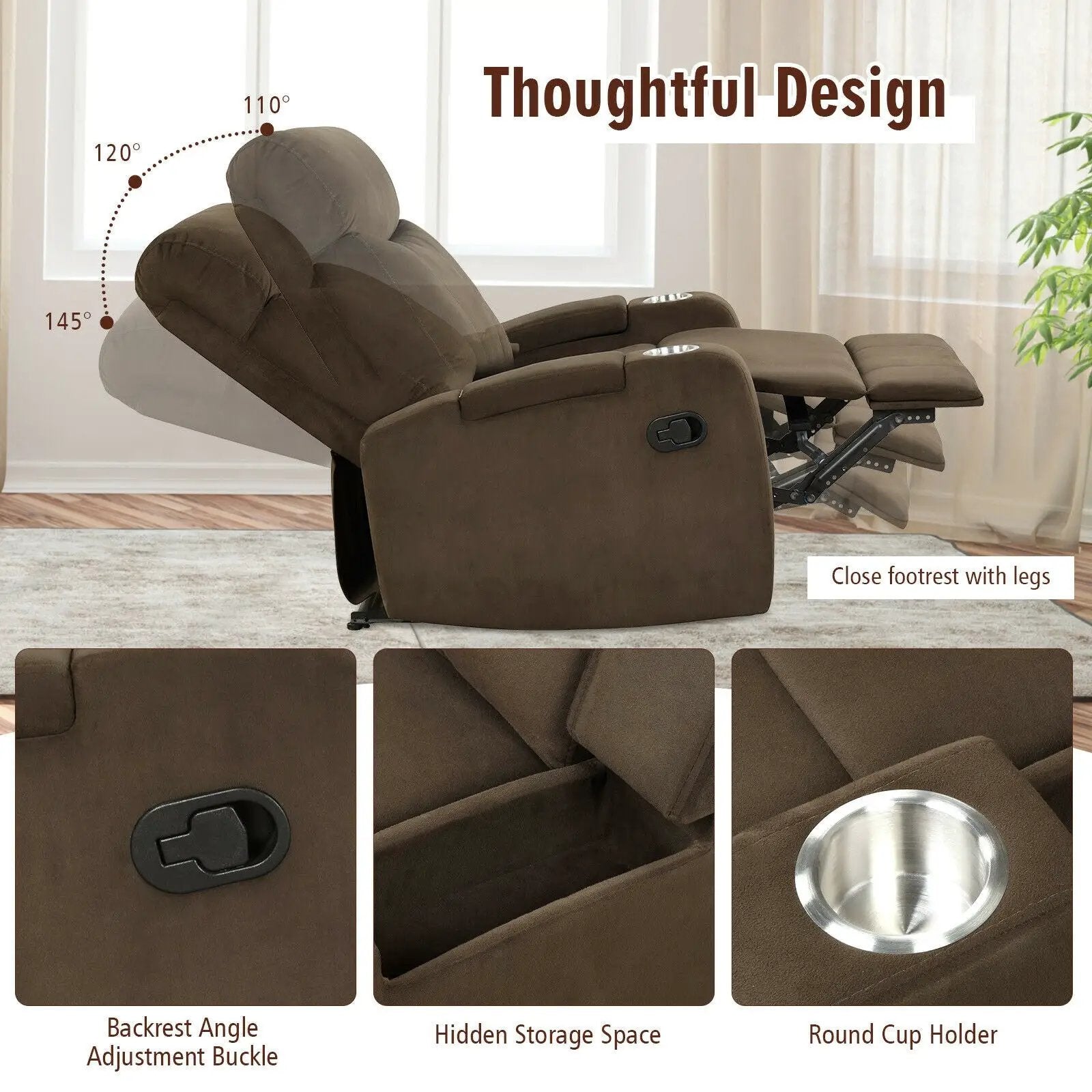 Recliner Chair Single Sofa Lounger with Arm Storage and Cup Holder for Living Room by DirectDeals